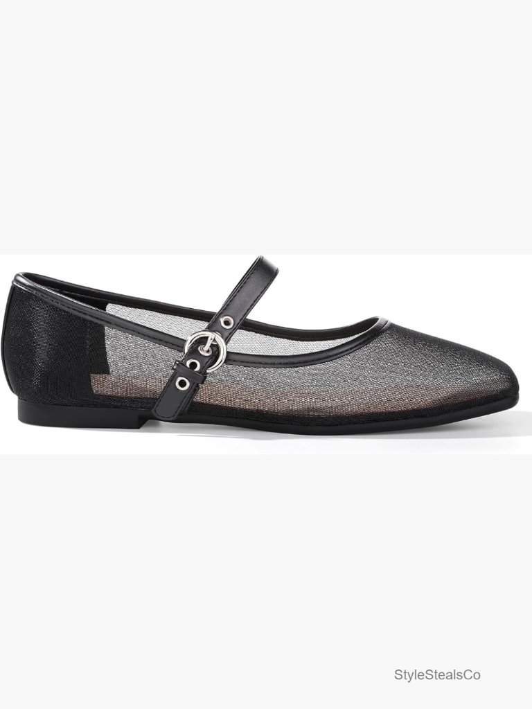 Women's Mesh Square Toe Mary Jane Flats With Adjustable Strap Slip-On